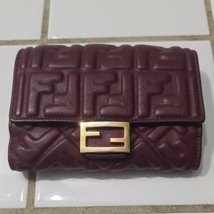 Fendi Quilted Logo Fold Wallet in Burgundy with Gold Plaque